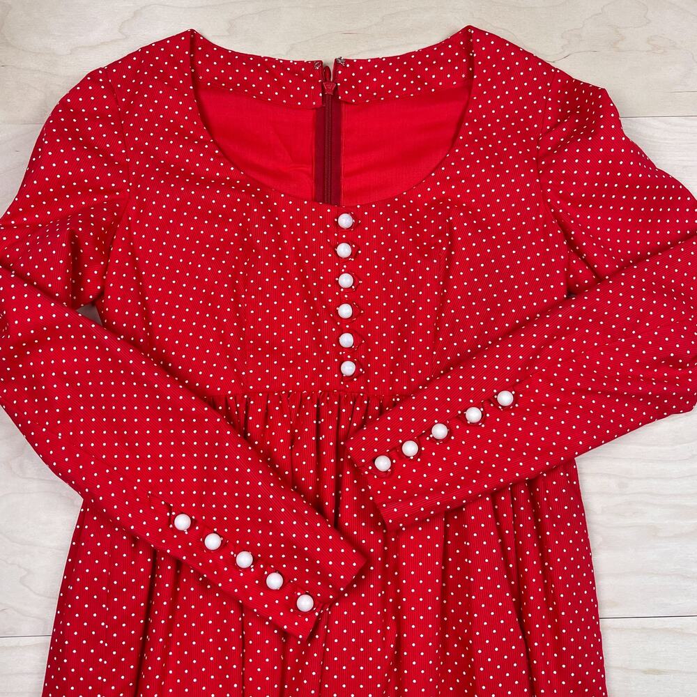 Vintage 1970s Red & White Polka Dot Long Sleeve A-Line Maxi Prairie Dress - Picture 5 of 8